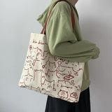 Japanese Style Cat Dog Tote Bag Hand Painted Canvas Shopper Zipper Shoulder Bags