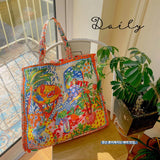 Women Canvas Eco Bag Oil Painting Ladies Shopping Bag Double Sided Printing