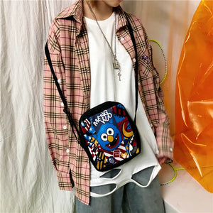 Women Canvas Flap Shoulder Bag Graffiti Print Crossbody School Handbag