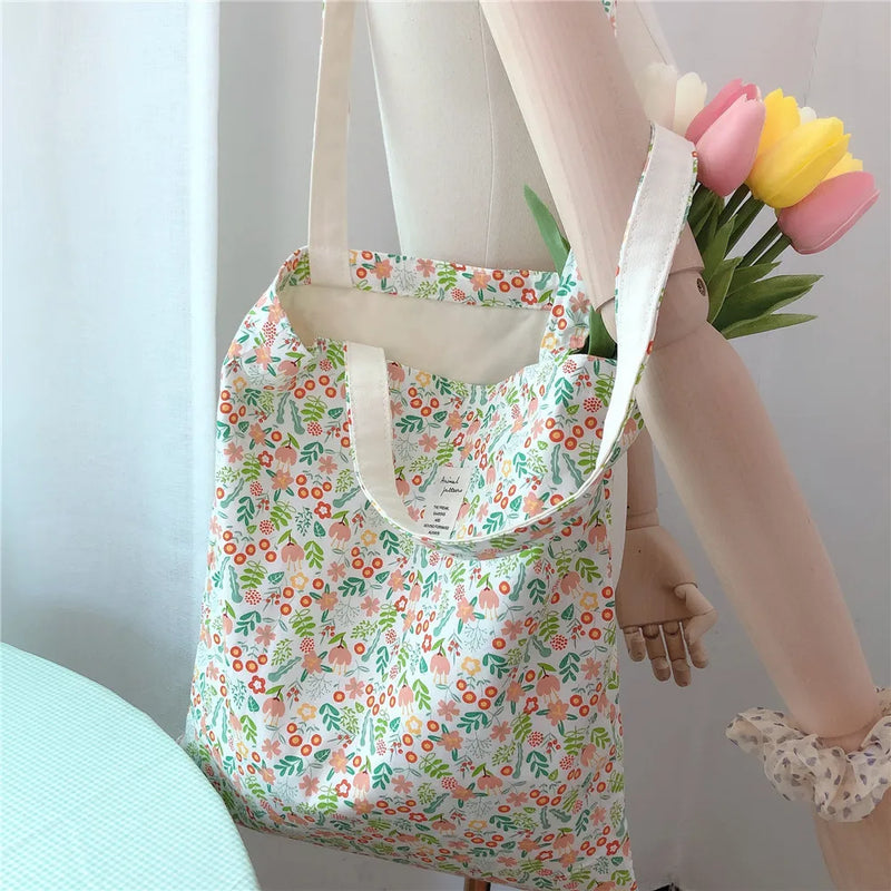 Canvas Flower Shoulder Bag Retro Floral Big Shopping Bags