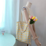 Canvas Flower Shoulder Bag Retro Floral Big Shopping Bags