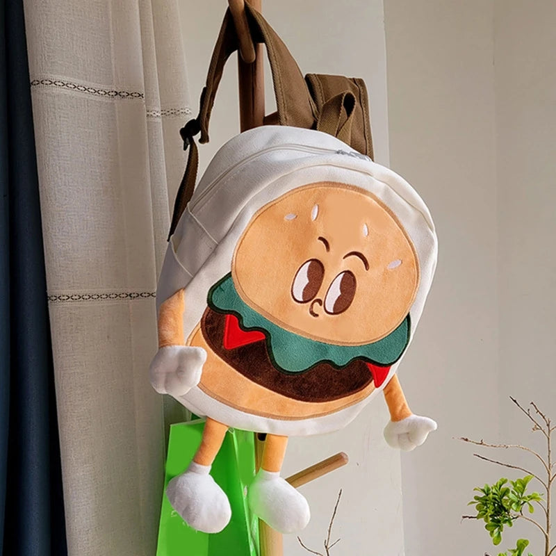 Women Canvas Hamburger Backpack Large Capacity Daypack Travel Bookbag