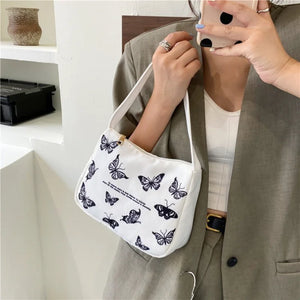 Women Canvas Handbag Butterfly Print Small Shoulder Bags Ladie Underarm Bag