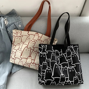 Women Canvas Handbag Large Capacity Shopper Bag Cat Tote Bag with Zipper