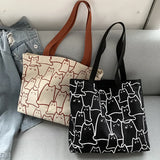 Women Canvas Handbag Large Capacity Shopper Bag Cat Tote Bag with Zipper