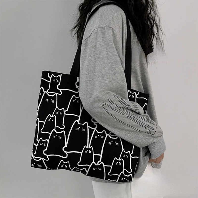 Canvas Cat Tote Bag with Zipper