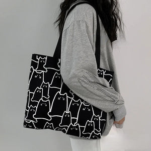 Women Canvas Handbag Large Capacity Shopper Bag Cat Tote Bag with Zipper
