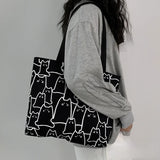 Women Canvas Handbag Large Capacity Shopper Bag Cat Tote Bag with Zipper