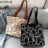 Canvas Cat Tote Bag with Zipper