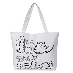 Cat Printed Canvas Handbag Large Capacity Beach Tote Bag