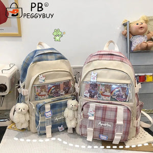 Canvas Patchwork School Bag Plaid Travel Backpack Zipper Handbag