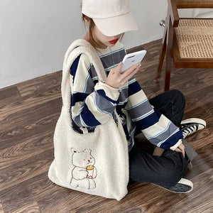 Canvas Plush Shoulder Bag with Bear Embroidery