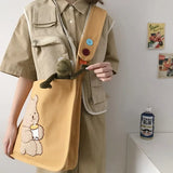 Canvas Plush Shoulder Bag with Bear Embroidery