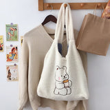 Canvas Plush Shoulder Bag with Bear Embroidery
