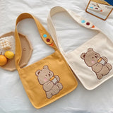 Canvas Plush Shoulder Bag with Bear Embroidery