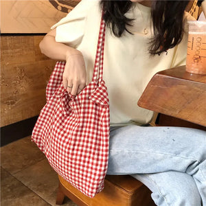 Women Canvas Shopping Bag Eco Handbag Tote Plaid Large Capacity Shopper Bags