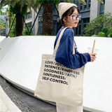 Women Canvas Shopping Bag Love Peace Letter Print Eco Handbag Tote