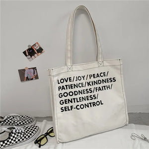 Women Canvas Shopping Bag Love Peace Letter Print Eco Handbag Tote