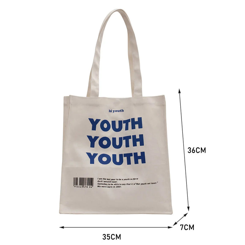 YOUTH Letters Print Canvas Shopping Bag Female Eco Handbag Tote