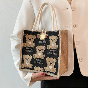 Women Canvas Shoulder Bag Bear Linen Print Casual Handbag Tote Bag