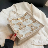 Women Canvas Shoulder Bag Bear Linen Print Casual Handbag Tote Bag