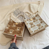 Women Canvas Shoulder Bag Bear Linen Print Casual Handbag Tote Bag