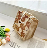 Women Canvas Shoulder Bag Bear Linen Print Casual Handbag Tote Bag