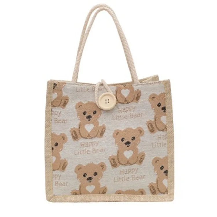 Women Canvas Shoulder Bag Bear Linen Print Casual Handbag Tote Bag