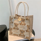 Women Canvas Shoulder Bag Bear Linen Print Casual Handbag Tote Bag