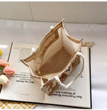 Women Canvas Shoulder Bag Bear Linen Print Casual Handbag Tote Bag