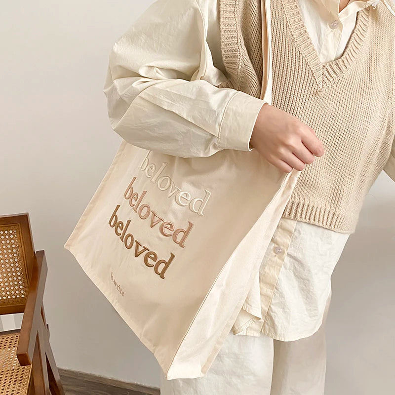 Women Canvas Shoulder Bag Beloved Embroidery Shopping Bag Girls Handbag