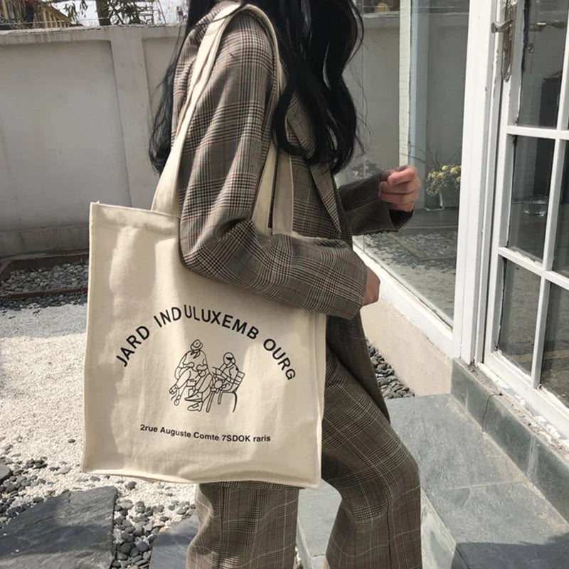 Women Canvas Shoulder Bag Books Print Ladies Casual Handbag Tote Bag