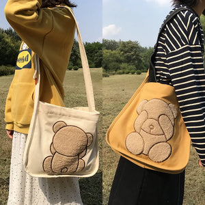 Embroidered Bear Pattern Canvas Shoulder Bag for College Girls