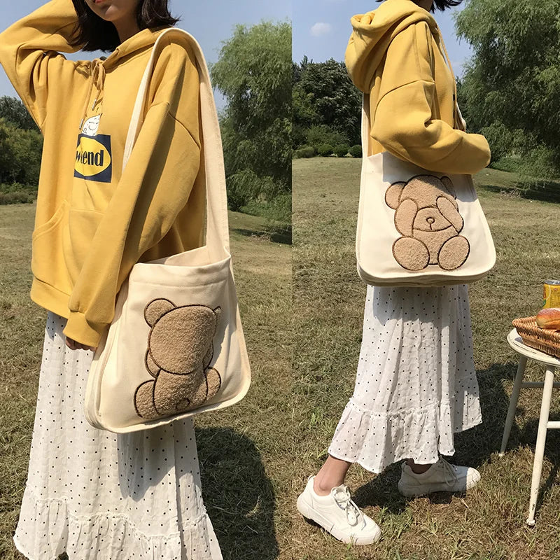 Embroidered Bear Pattern Canvas Shoulder Bag for College Girls