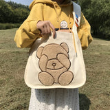 Embroidered Bear Pattern Canvas Shoulder Bag for College Girls
