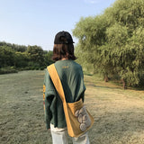 Embroidered Bear Pattern Canvas Shoulder Bag for College Girls