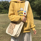Embroidered Bear Pattern Canvas Shoulder Bag for College Girls