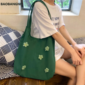 Women Canvas Shoulder Bag Bright Daisies Cotton Cloth Handbag Female