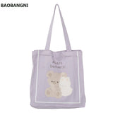 Canvas Shoulder Bag Bear Bunny Print Handbag Casual Tote Students Books Bags