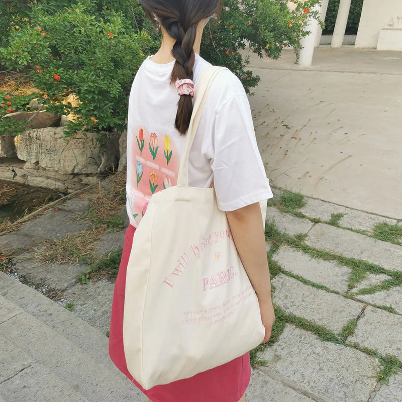 Embroidered Canvas Shoulder Bag for Daily Shopping and School