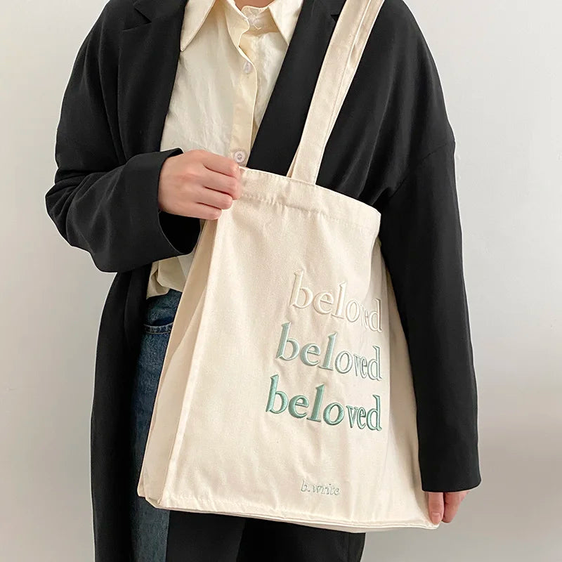 Canvas Shoulder Bag Embroidery Shopping Bag for Girls