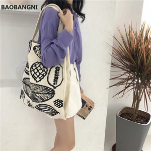 Leaf Print Canvas Shoulder Bag Large Capacity Shopping Handbag
