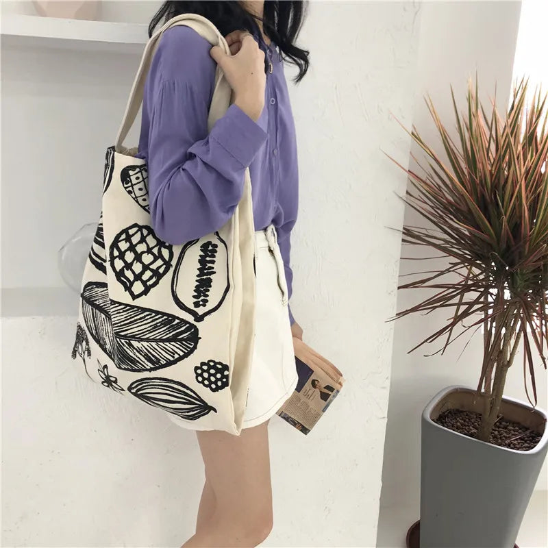 Leaf Print Canvas Shoulder Bag Large Capacity Shopping Handbag