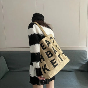 Women Canvas Shoulder Bag Letter Printing Ladies Casual Handbag Tote Bag