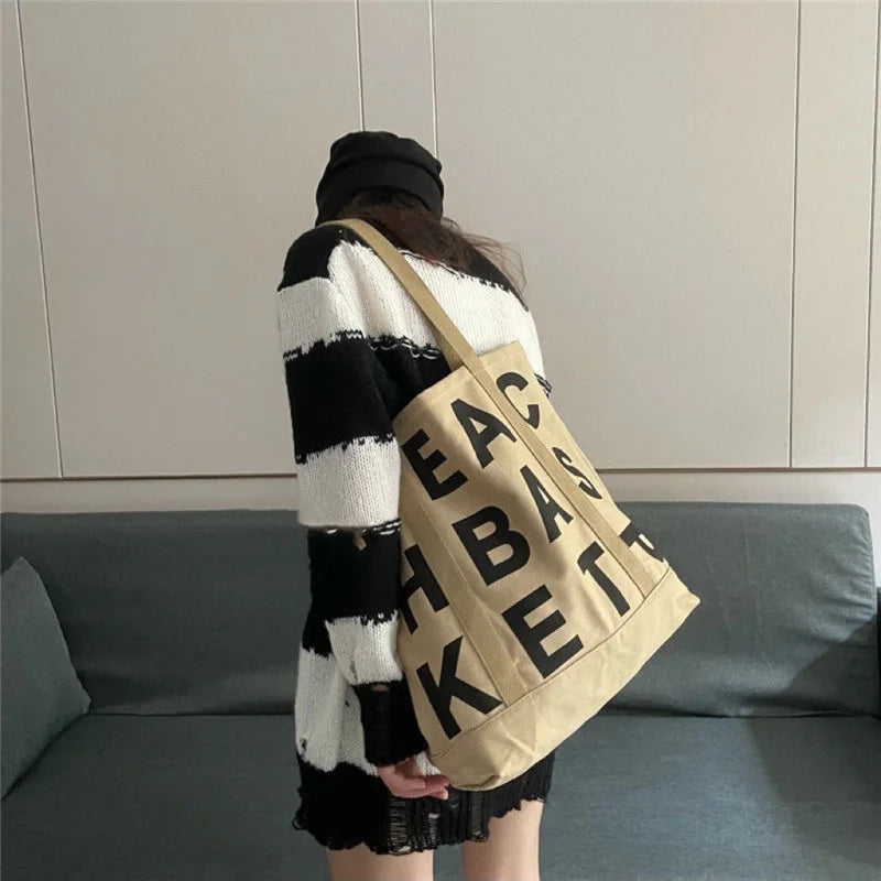 Women Canvas Shoulder Bag Letter Printing Ladies Casual Handbag Tote Bag