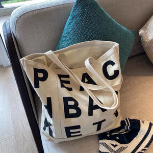 Women Canvas Shoulder Bag Letter Printing Ladies Casual Handbag Tote Bag