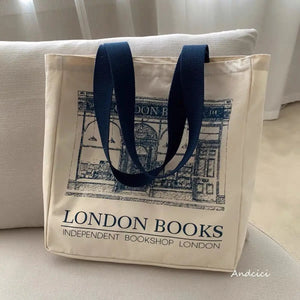 London Books Print Canvas Shoulder Bag Women Casual Handbag Tote Beach Bag