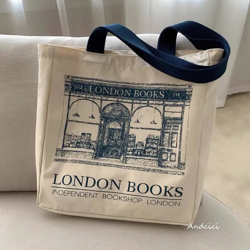 London Books Print Canvas Shoulder Bag Women Casual Handbag Tote Beach Bag
