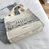 London Tea Print Canvas Shoulder Bag for Women