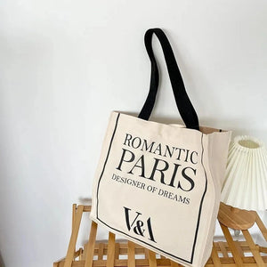 Romantic Paris Print Women Canvas Shoulder Bag Large Capacity Tote Handbag
